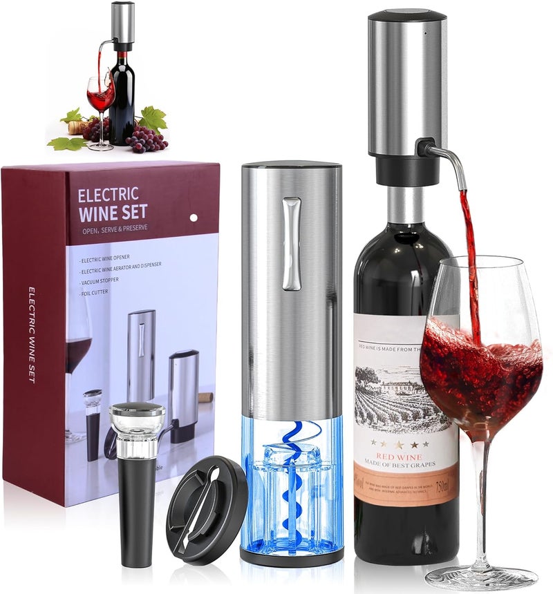 BGM.FOX 4-in-1 Rechargeable Electric Wine Opener Wine Aerator Gift Set with Electric Wine Decanter, Wine Stopper, Foil Cutter, Automatic Electric Wine Bottle Opener for Home Bar Parties, Stainless Steel - Image 1